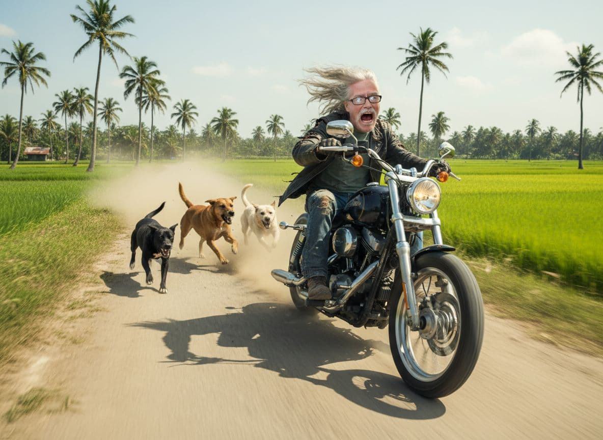 AI generated: Create a humorous, cinematic image of a person riding a
Harley motorcycle at high speed on a dirt r...
