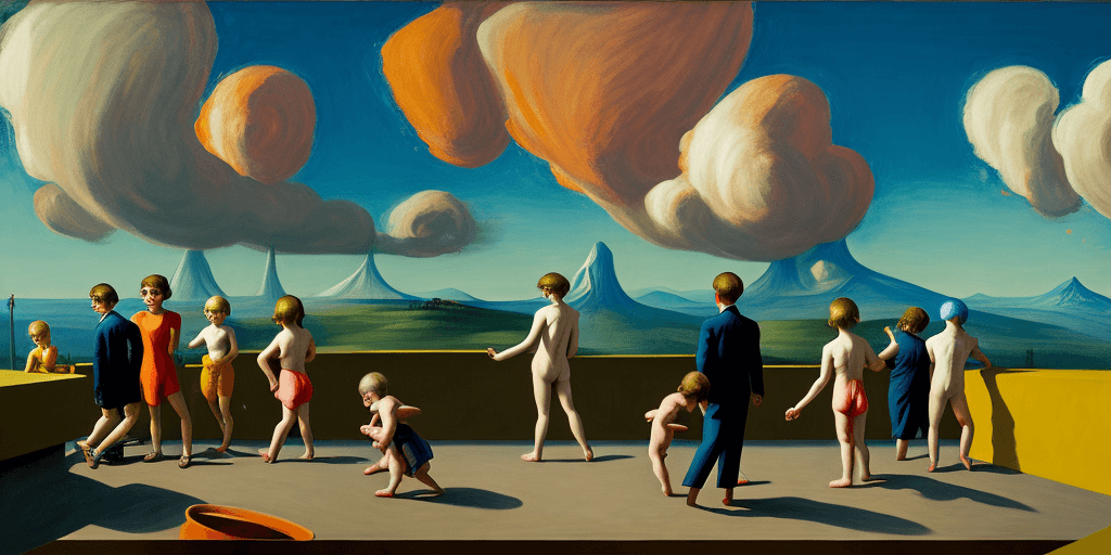 AI generated: neo rauch, edward hopper, david hockney, children playing on rooftop, people looking to horizon, epi...