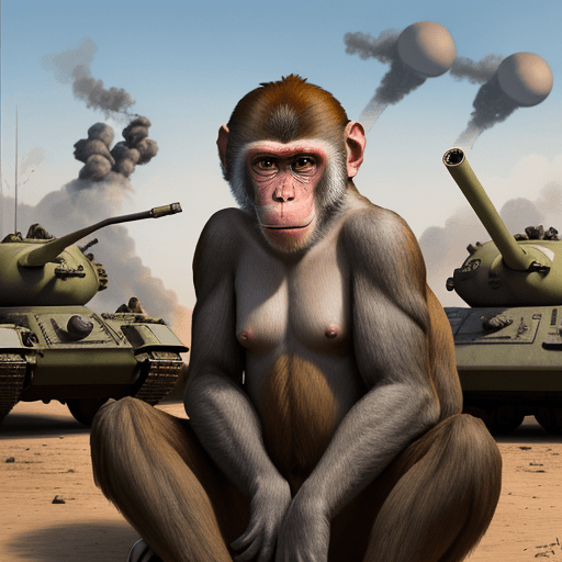 AI generated: hyperrealistic monkey smoking cigarettes during war, he is sittin on big bombs, in the background ta...