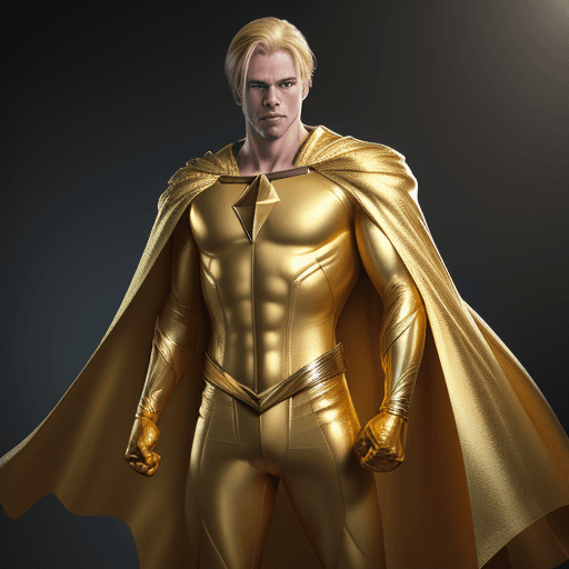 AI generated: male super hero named champion blond hair, no symbol, skin tight gold suit, gold cape, gold gloves, ...