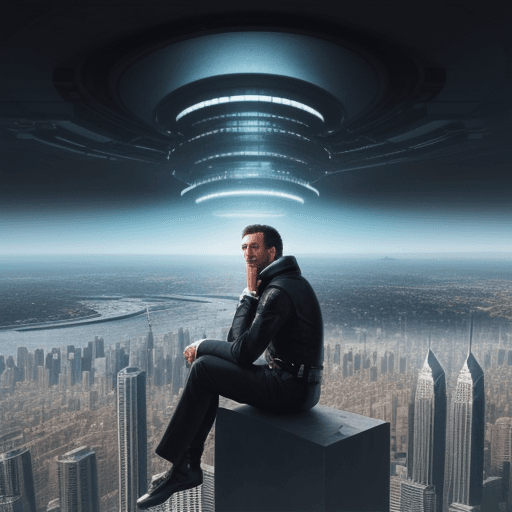 AI generated: a man sitting on top of building from another world look at city of that other world

