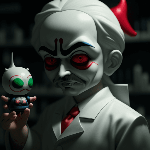 AI generated: Create a toy pharmacist , evil, in the style of Takashi Murakami, cinematic lighting, sharp focus,