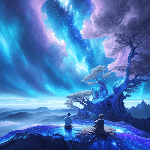 AI generated: Boy and girl looking at the horizon sitting on the epic tree in the background. Beautiful prismatic-...