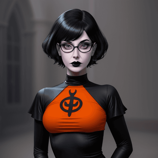AI generated: goth girl astestic, velma from scooby-doo, a woman wearing eye glasses and an orange top, goth style...