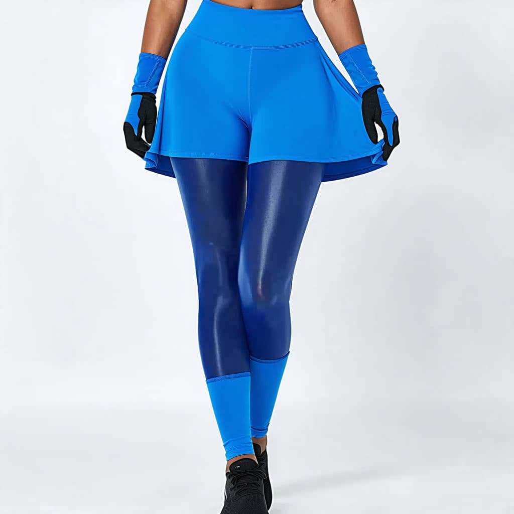 AI generated: Women wearing spandex leggings and gloves and blue dress and the dress skirt under the stretch sport...