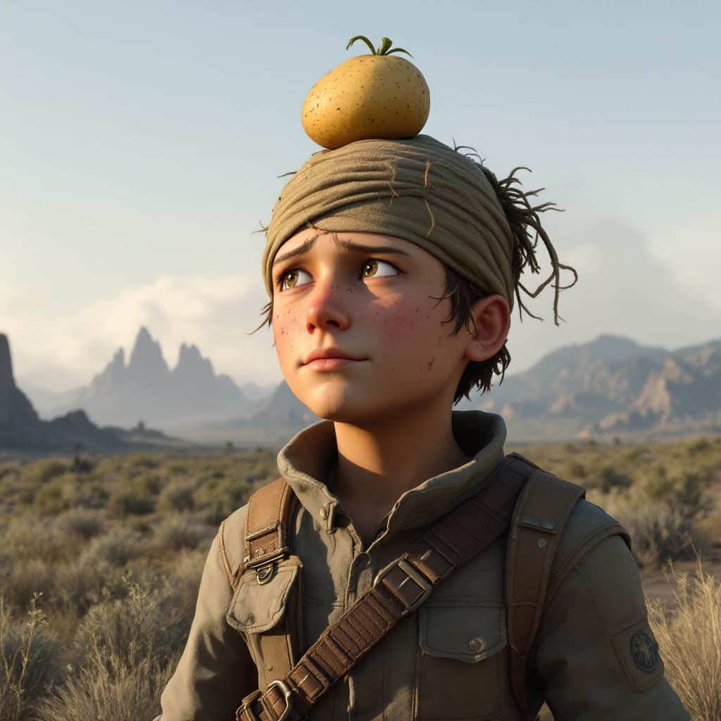 AI generated: fallout trilogy, lone wanderer with a small potato on his head.