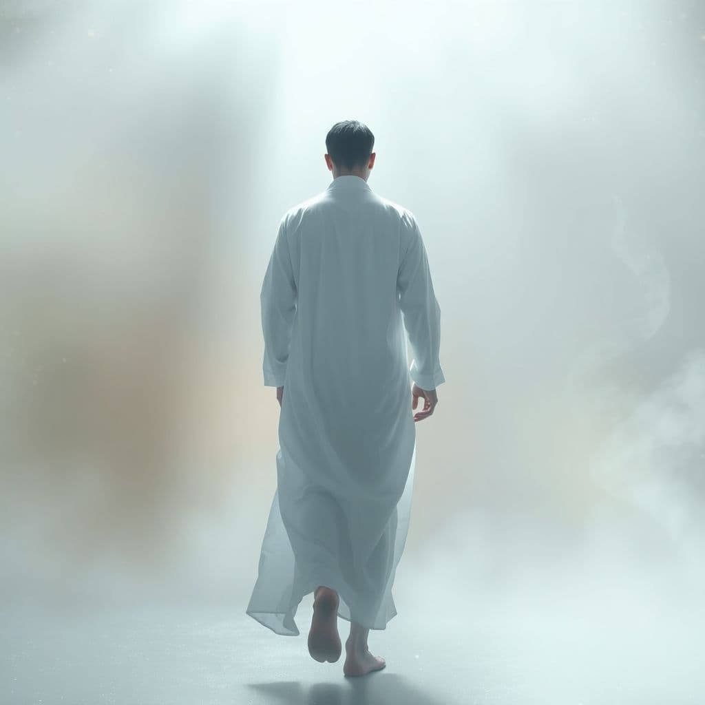 AI generated: A fine art, hyper-realistic, cinematic image of a man wearing a white long cotton robe with his back...