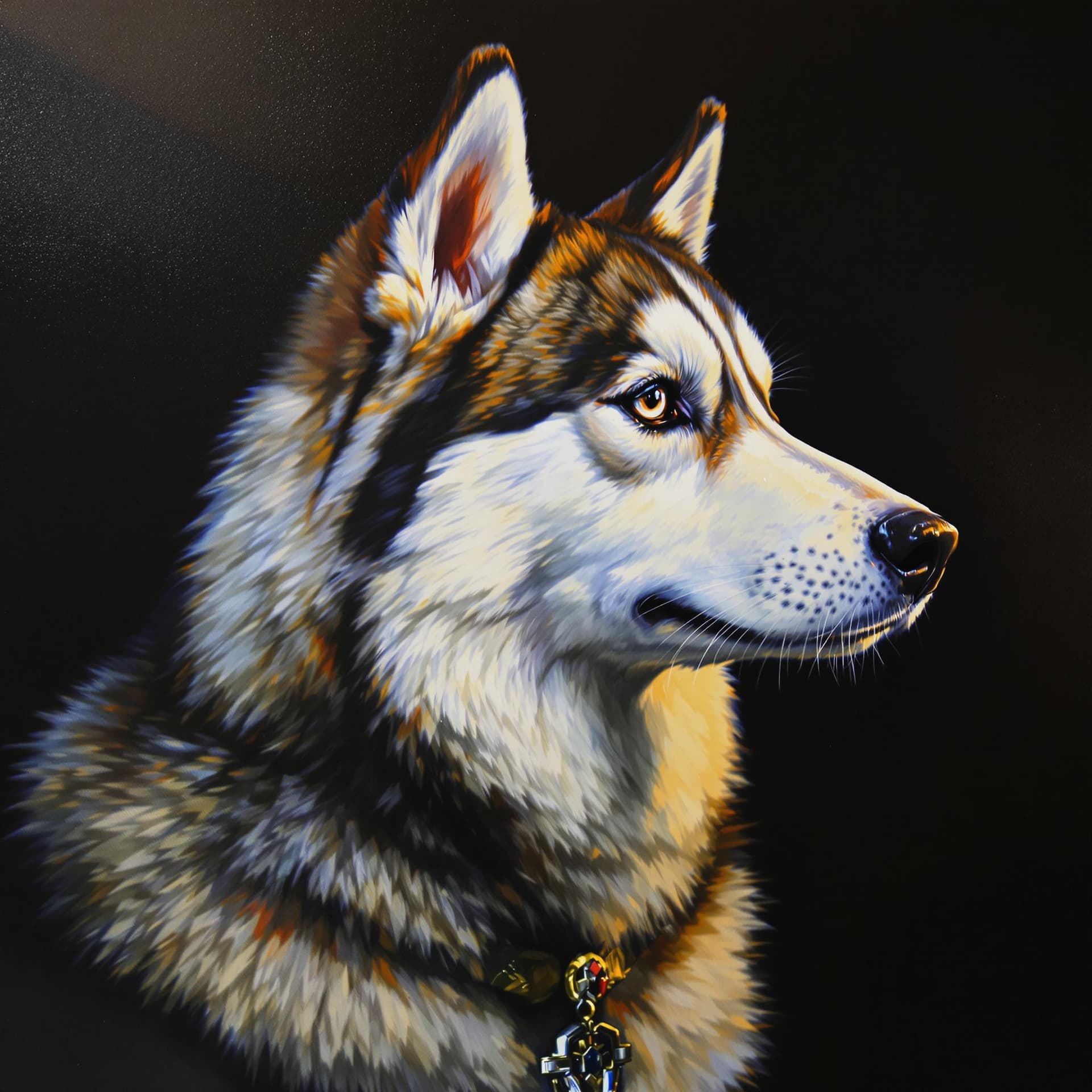 AI generated: surrealistic, realistic painting, royal portrait of a Siberian husky, picture in picture, side view,...
