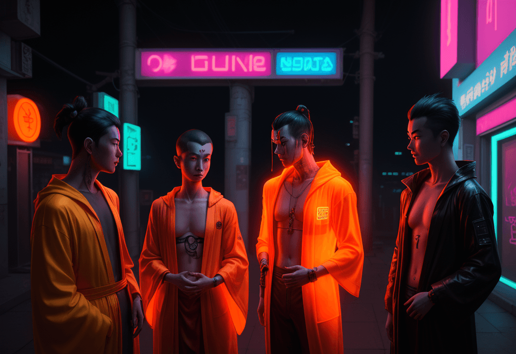 AI generated: young cyberpunk Buddhist man chatting with two people on a neon lit street standing arguing in his o...