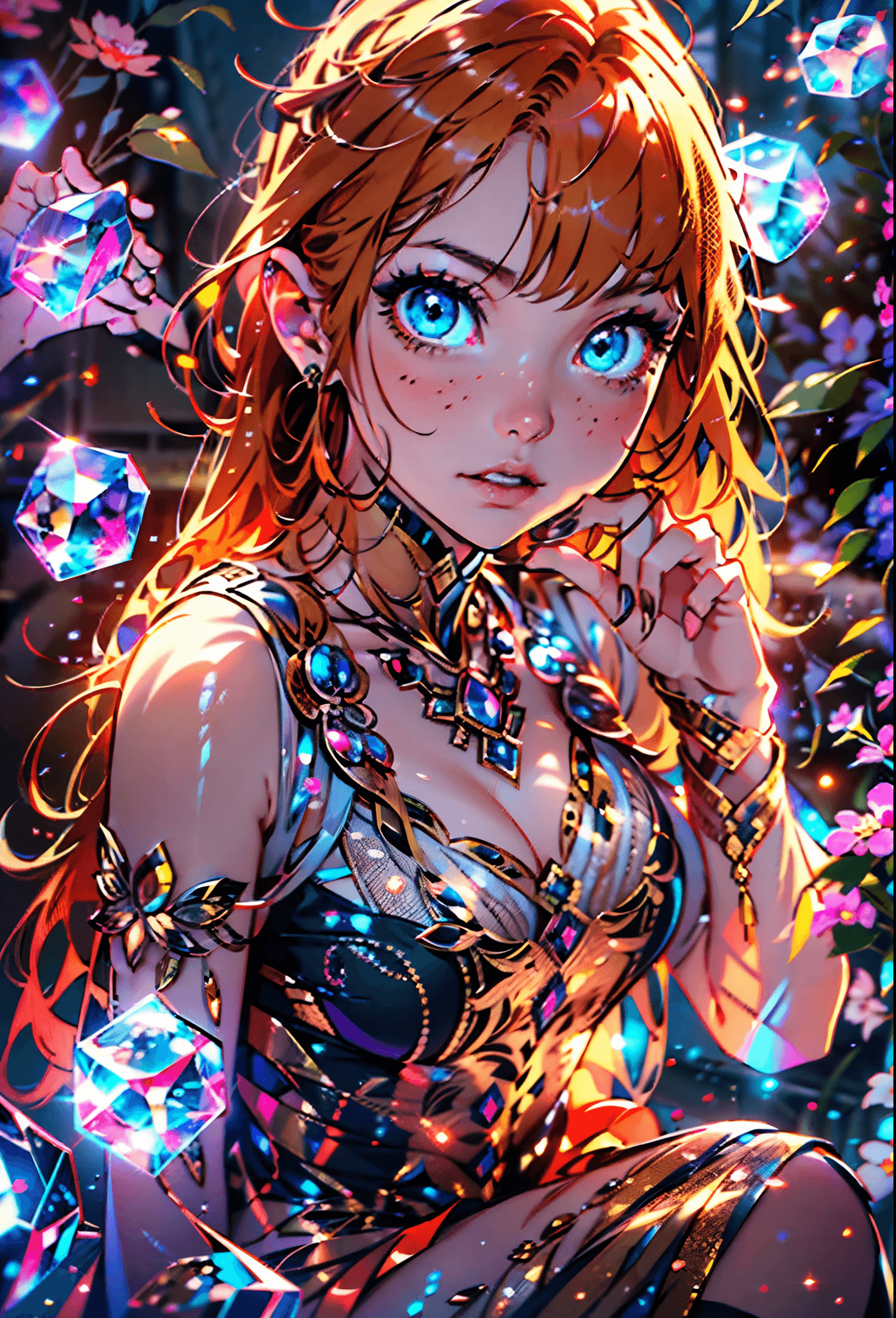 AI generated: ultra detailed drawing of a cute girl with big and round shiny eyes wearing dress, blue eyes ginger ...