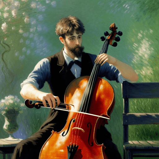 AI generated: The painting is in the style of impressionism. Claude Monet. Stepan Hauser plays the cello.