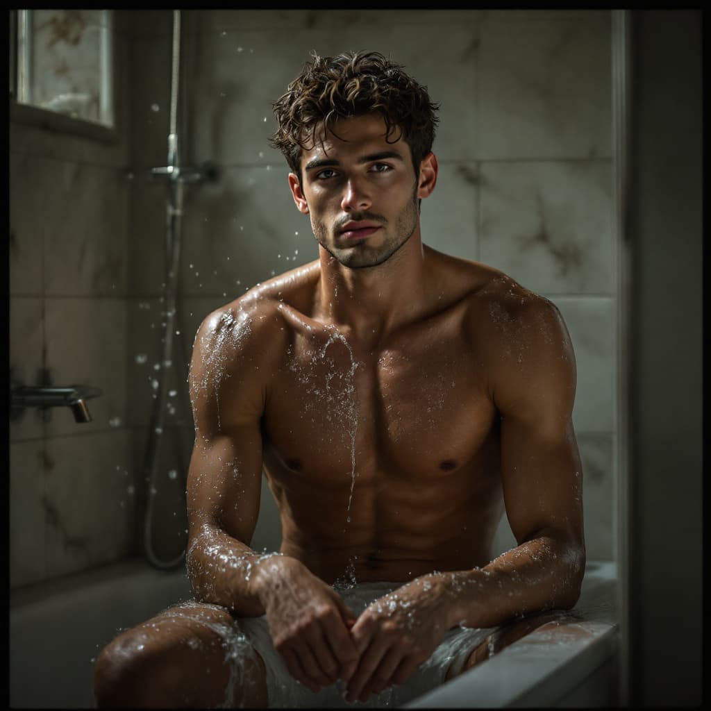 AI generated: Man anda boy in the bathroom, naked, soft and medium wood, dark boy, realistic. Sample penis.