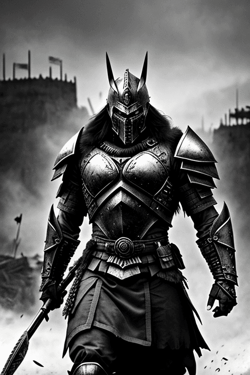 AI generated: a portrait of a brutal warrior, intricate armor, intricate weapon, dark tones palette, battlefield a...