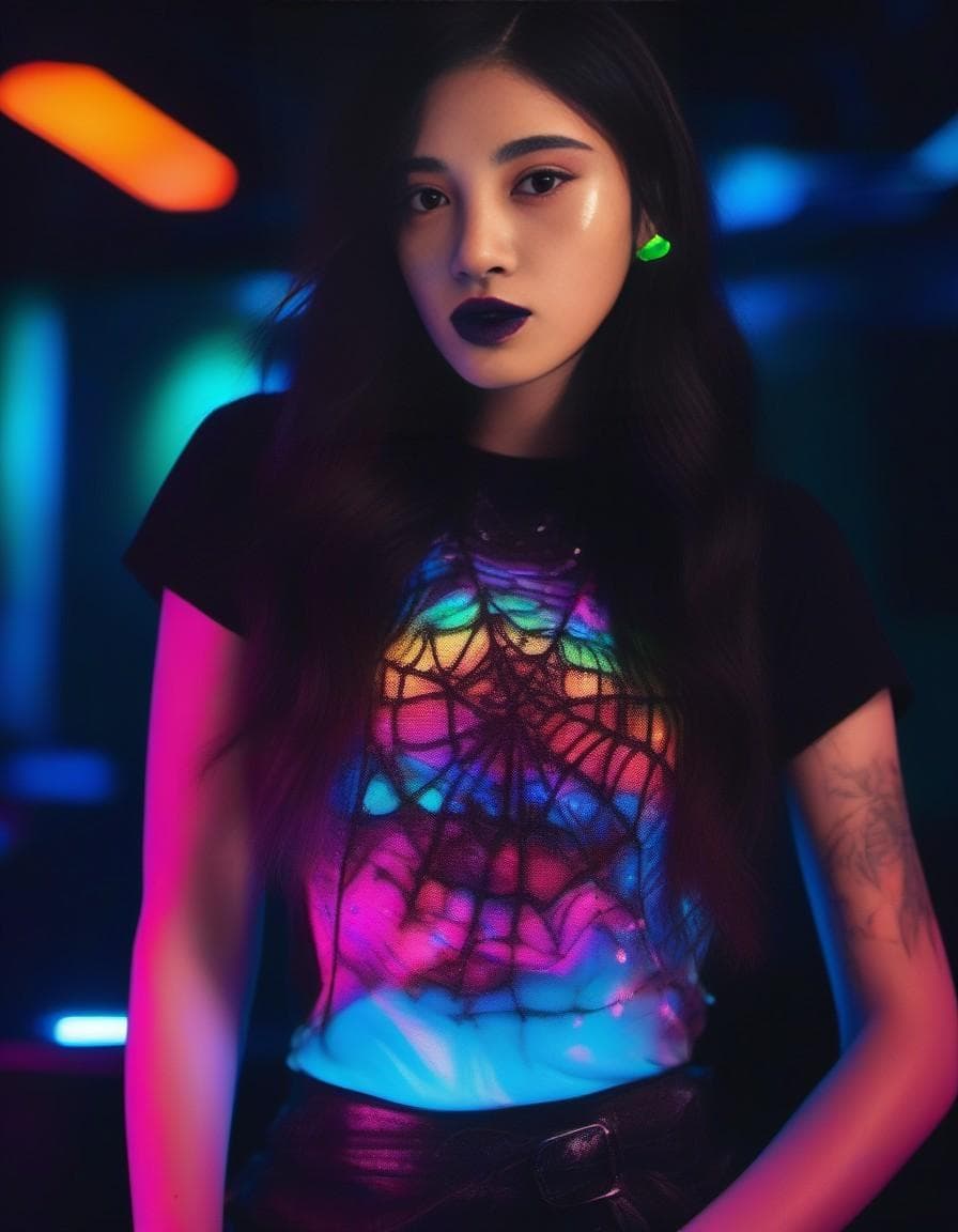 AI generated: Raver girl with a macabre twist. Imagine her as a vibrant mix of darkness and neon, a living contrad...