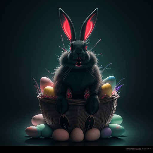 AI generated: Rabbit with fangs and red eyes sitting on an Easter basket with eggs, bioluminescent creatures, intr...