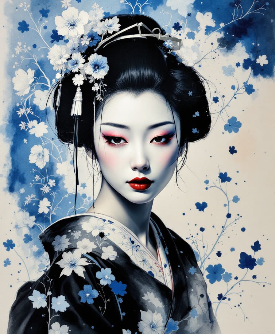 AI generated: Beautiful Geisha, Charcoal art, surrounded by a pattern of blue

colors --ar 3:2 --s 250 --v 5.2 --s...