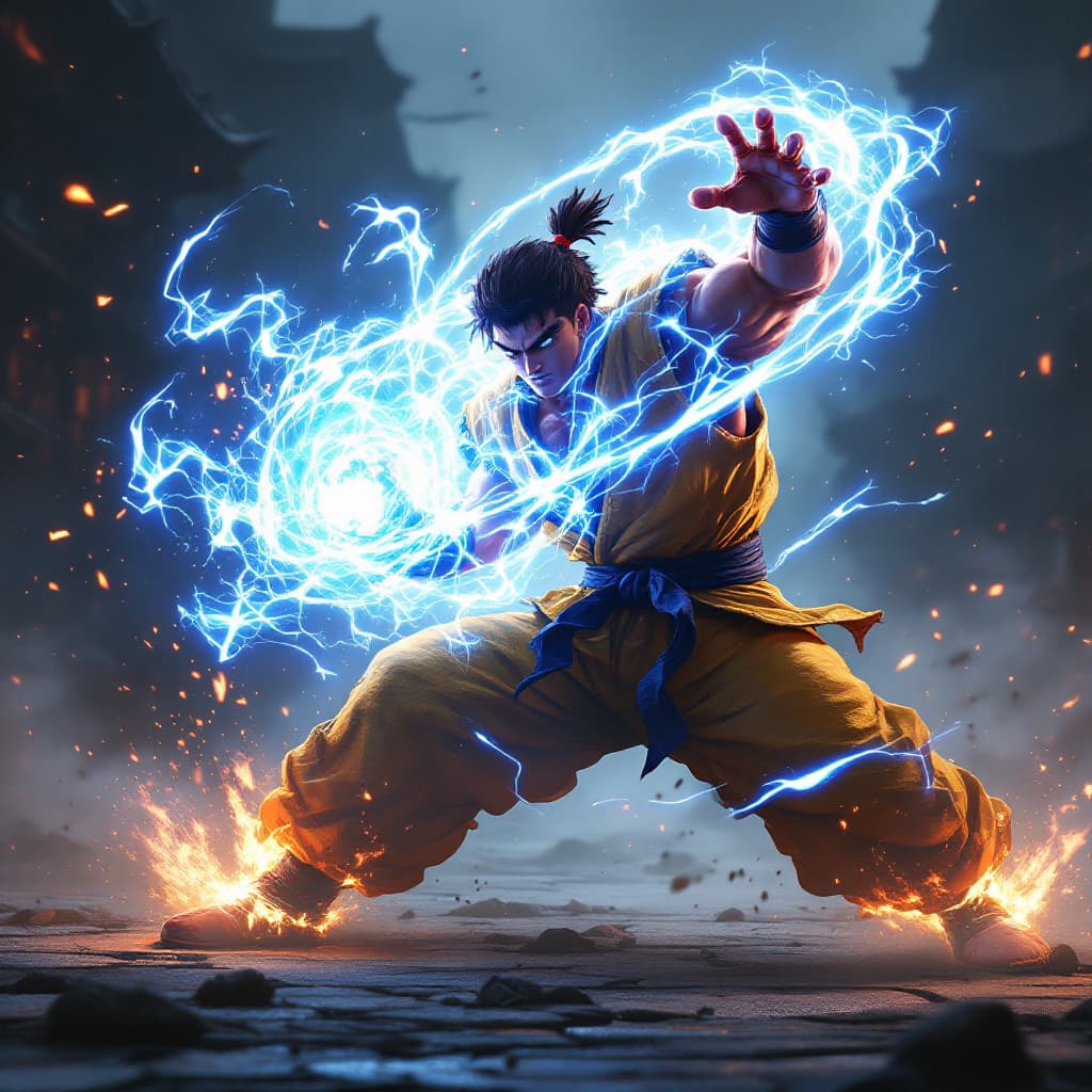 AI generated: ryu street fighter creating an energy ball Hadouken he's about to throw, lots of energy like anime d...