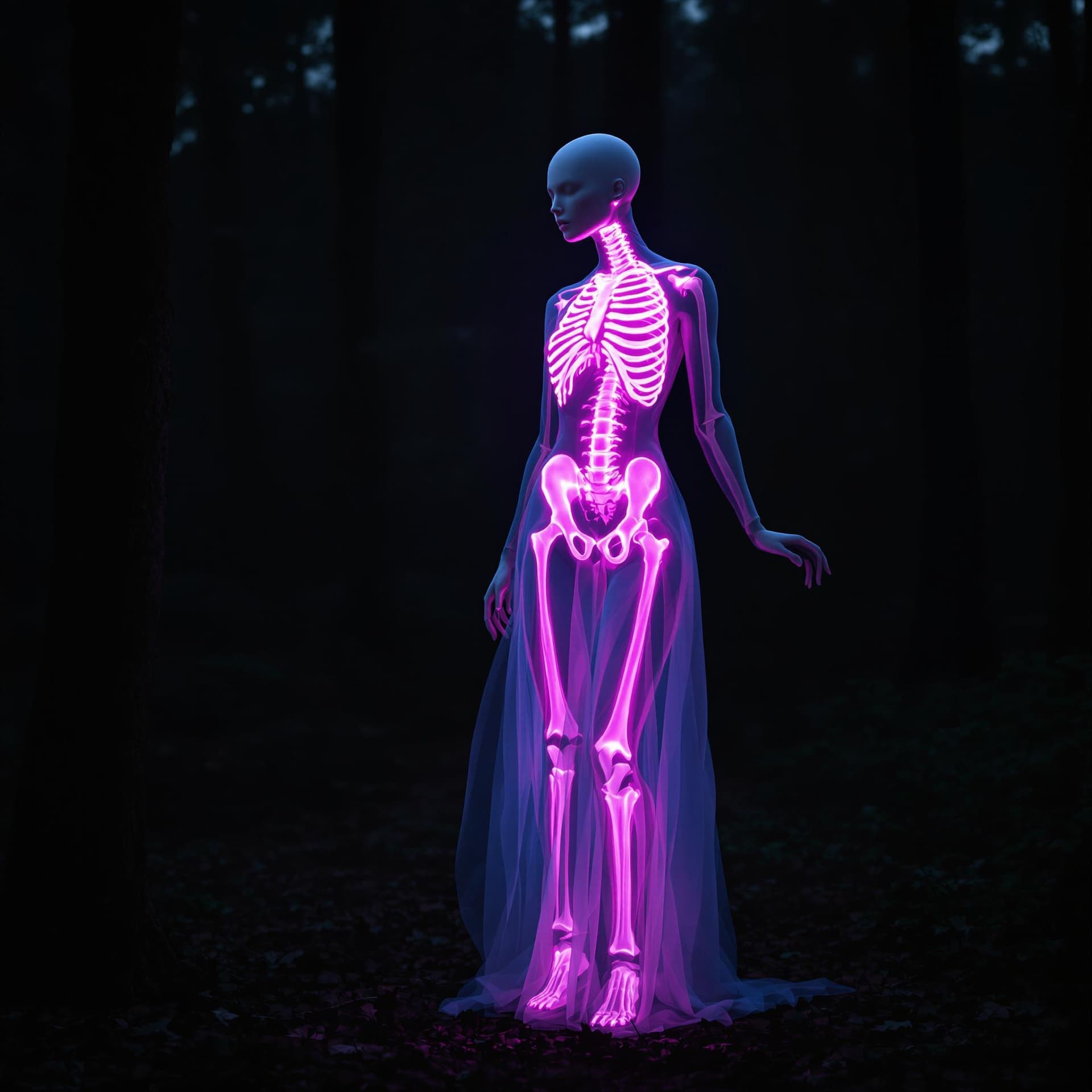 AI generated: full body shot of an albino woman with transparent skin, glowing pink neon skeleton visible through ...