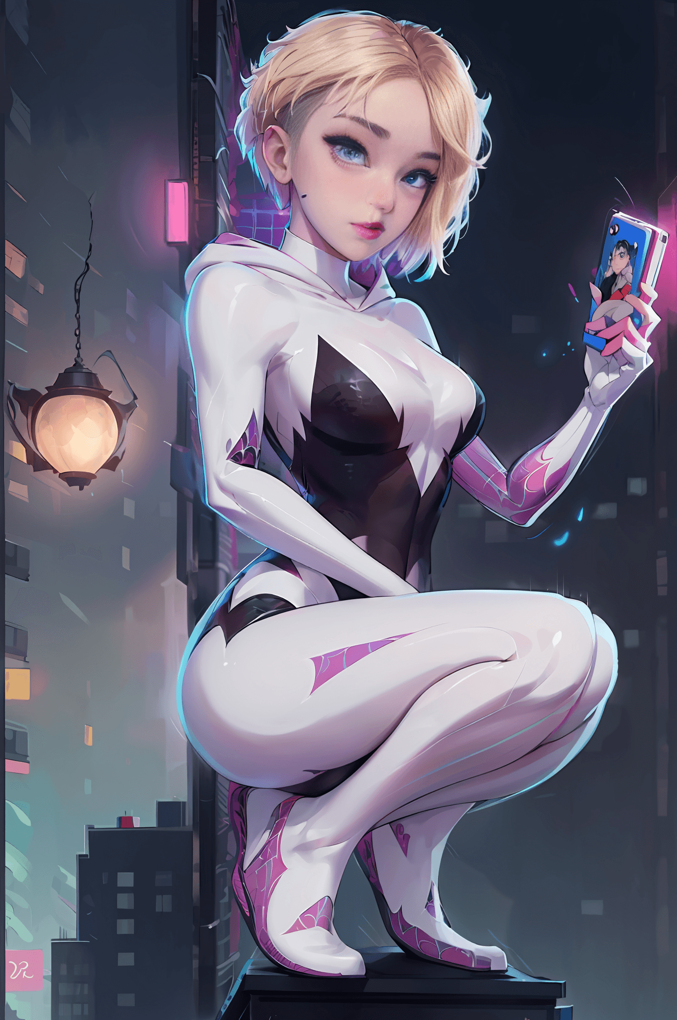 AI generated: a close up of a woman in a black and white outfit holding a cell phone, spider gwen, spider - gwen, ...