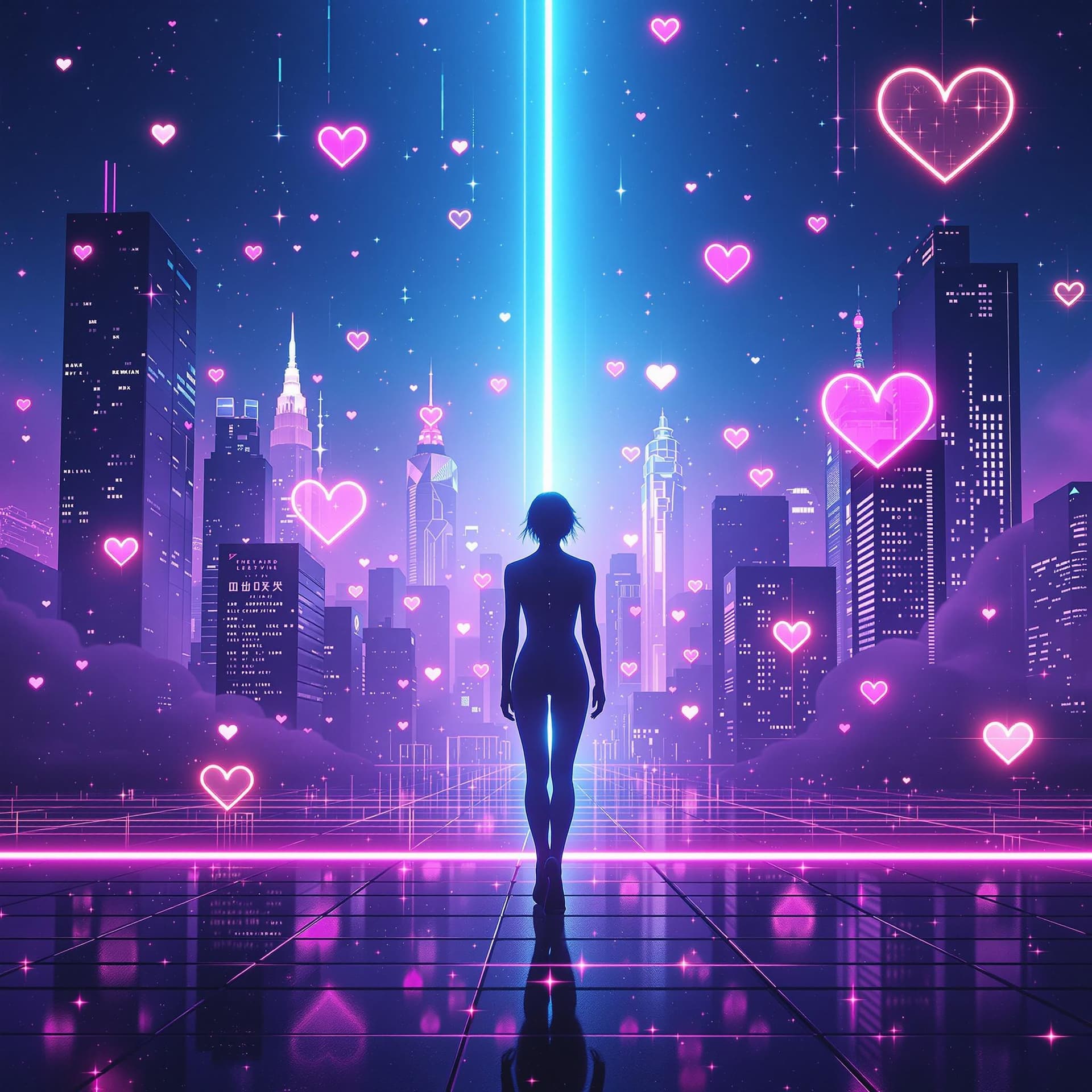 AI generated: futuristic k-pop album cover, glowing neon cityscape at night, digital hearts floating in the air, s...