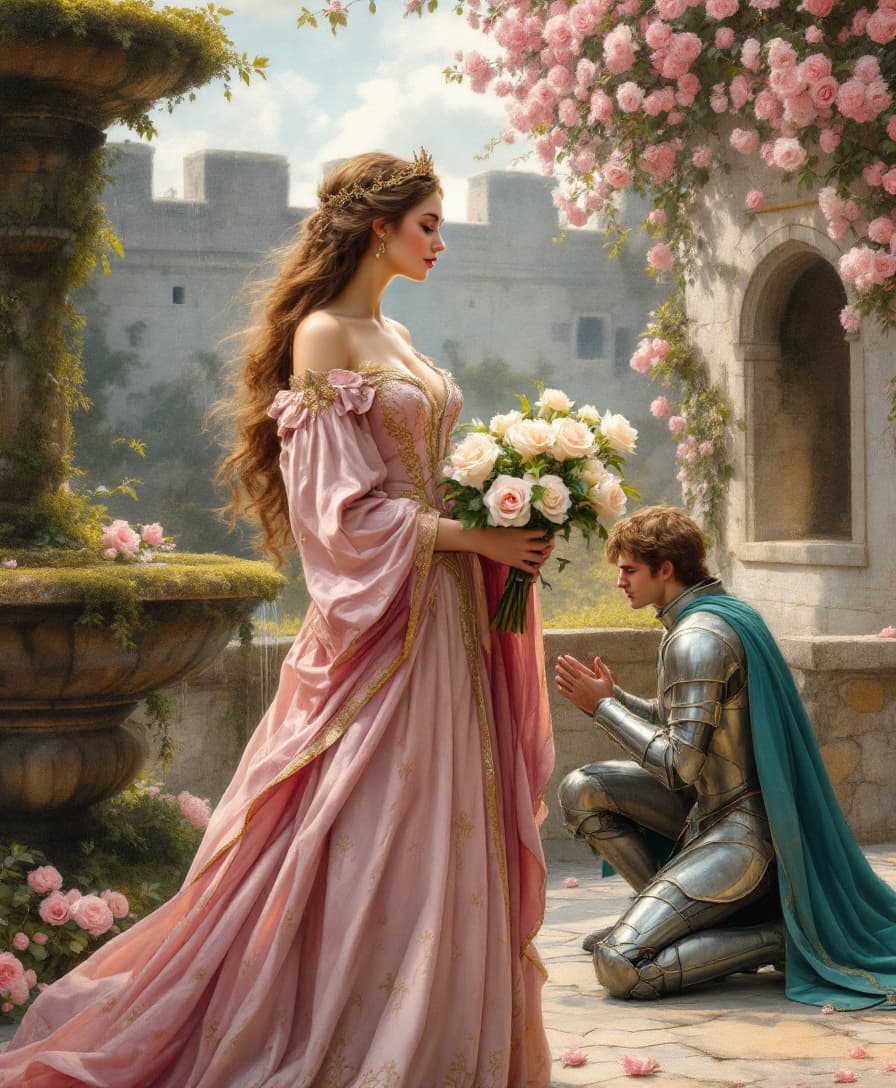 AI generated: A romantic oil painting in the style of Edmund Leighton, depicting an enchanting medieval scene: a y...