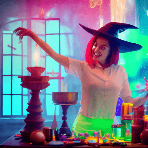 AI generated: happy young witch with bright red hair and her cat in her brightly lit and magical mysterious magic ...