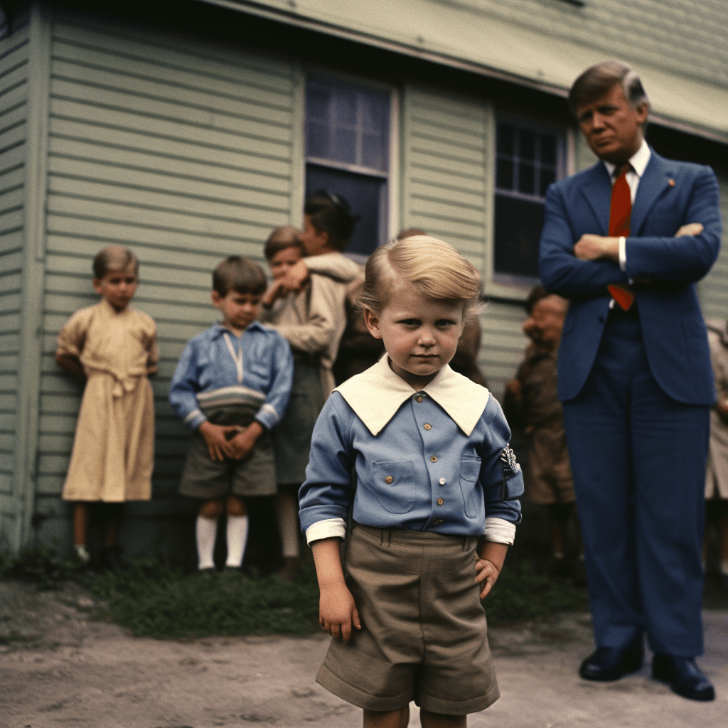 AI generated: A 5 year old Donald Trump with a us-scout-uniform and a dirty face from playing with friends, next t...