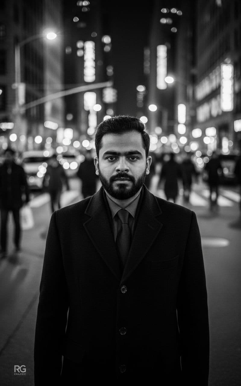 AI generated: A cinematic black and white portrait of a handsome man standing still in a busy city crowd. The back...