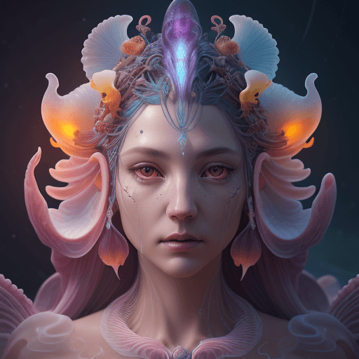 AI generated: Goddess close-up portrait ribcagel. jellyfish phoenix head, nautilus, orchid, skull, betta fish, bio...