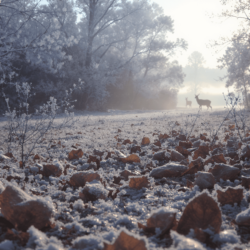 AI generated: First Frost of Autumn — delicate frost covers fallen leaves, glowing faintly in dawn light, while de...
