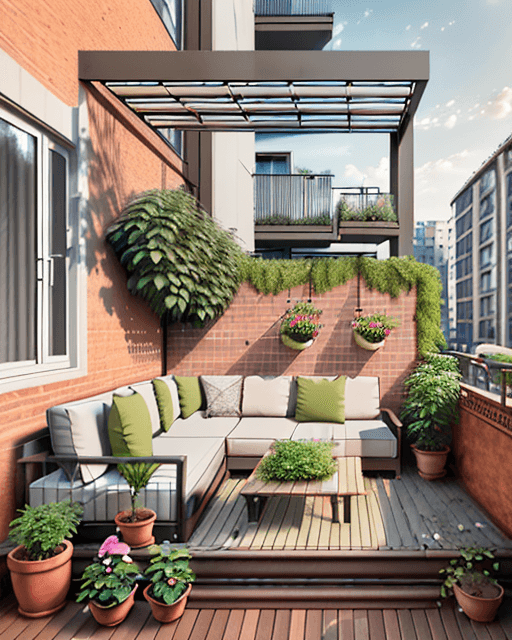 AI generated: SMALL GARDEN ON THE BALCONY OF A modern c-shaped APARTMENT building WITH BRICK FINISH AND wooden PER...