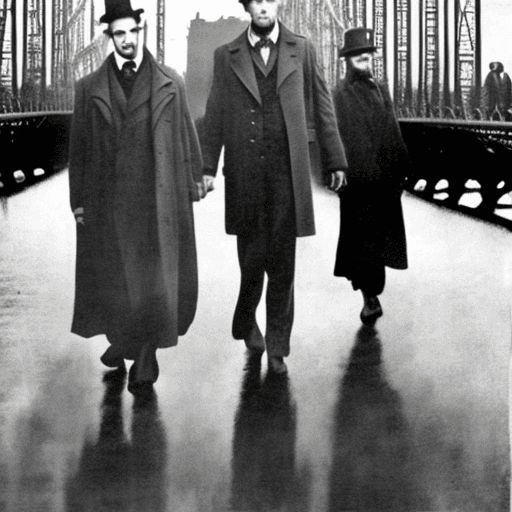 AI generated: Sherlock Holmes and Oppenheimer walking together in Howrah Bridge
