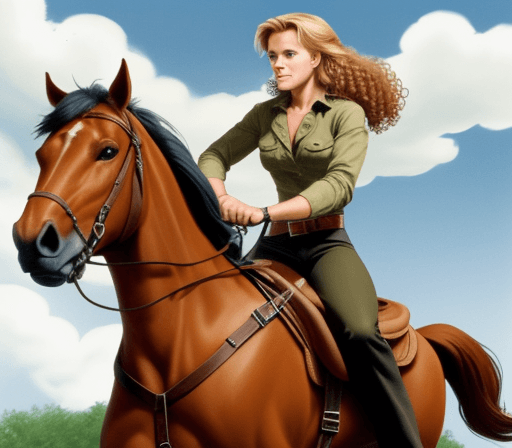 AI generated: Macgyver from the tv show riding on a horse together with a swedish girl with brown curly hair ridin...