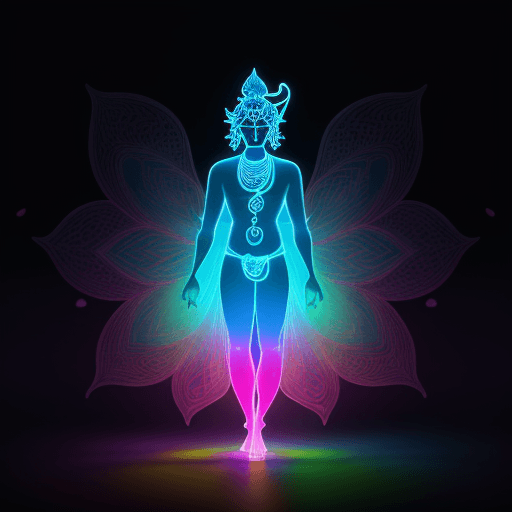 AI generated: Ultra detailed illustration of the light silhouette of Lord Sri Krishna, phantasmagorical figure,(tr...