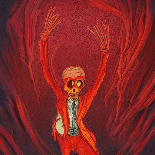 AI generated: a tall tango dancing rotting red skeleton dressed in a long orange leather coat and lace dancing lik...