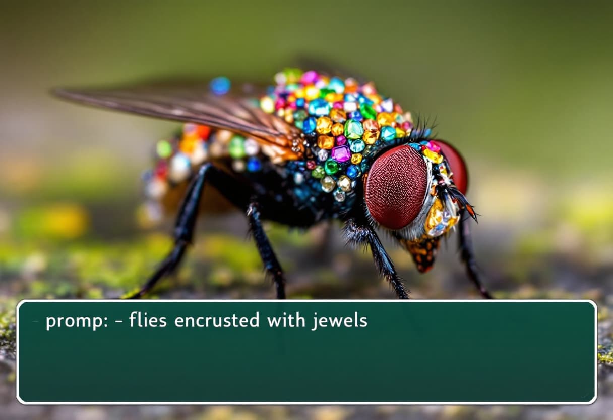 AI generated: Prompt: Flies encrusted with jewels —ar 16:9 —quality 2 —style raw —stylize 750 —v 6.1