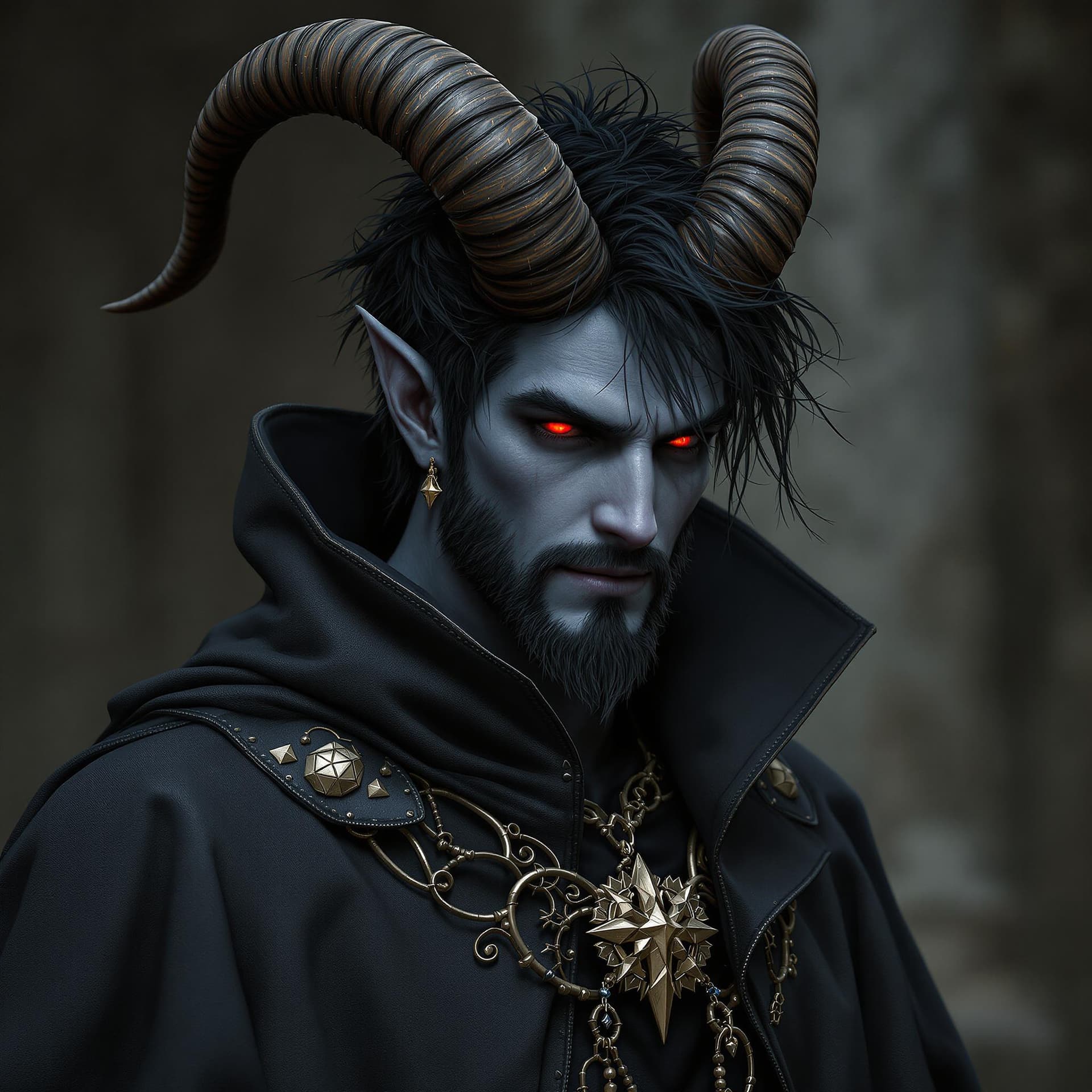AI generated: ultra realistic male warlock, wearing dark grey komono robe!!! short dark messy hairdo!! blue skin t...
