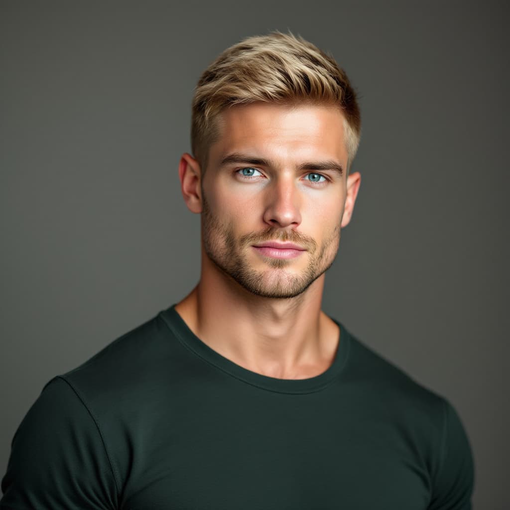 AI generated: Studio portrait of a 25-year-old white American man, classic short blonde haircut, symmetrical face,...