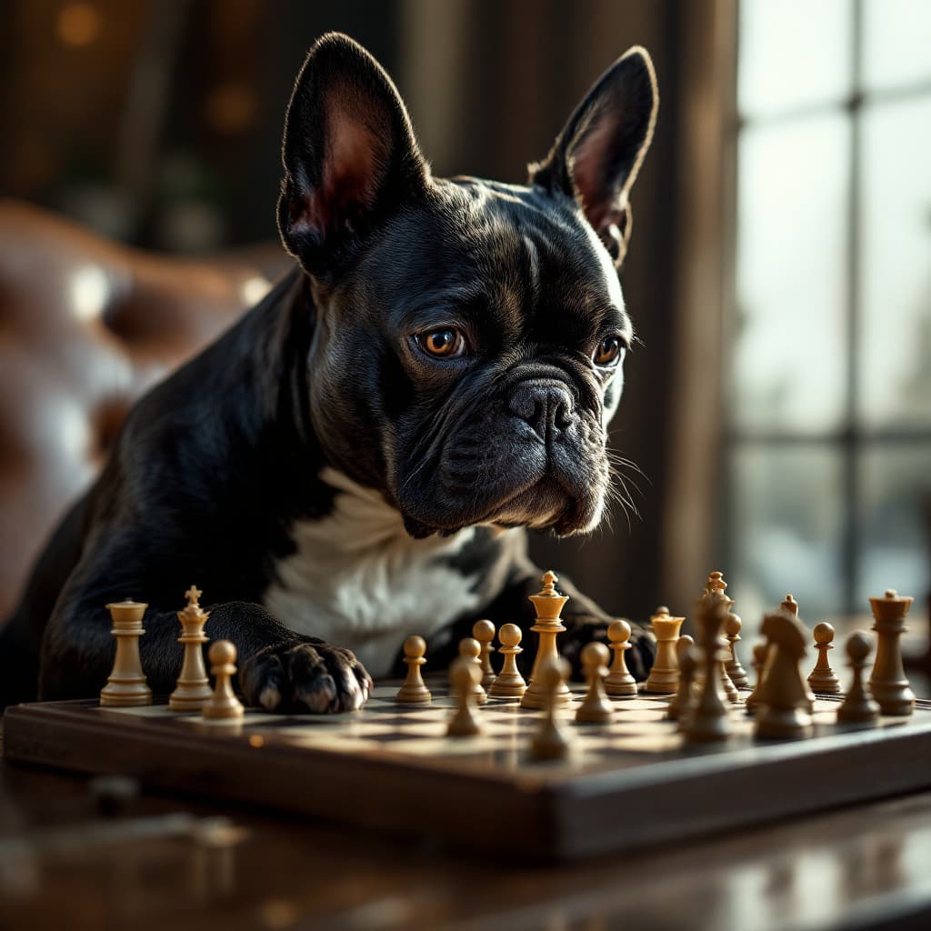 AI generated: A french bulldog playing chess with Donald trump 