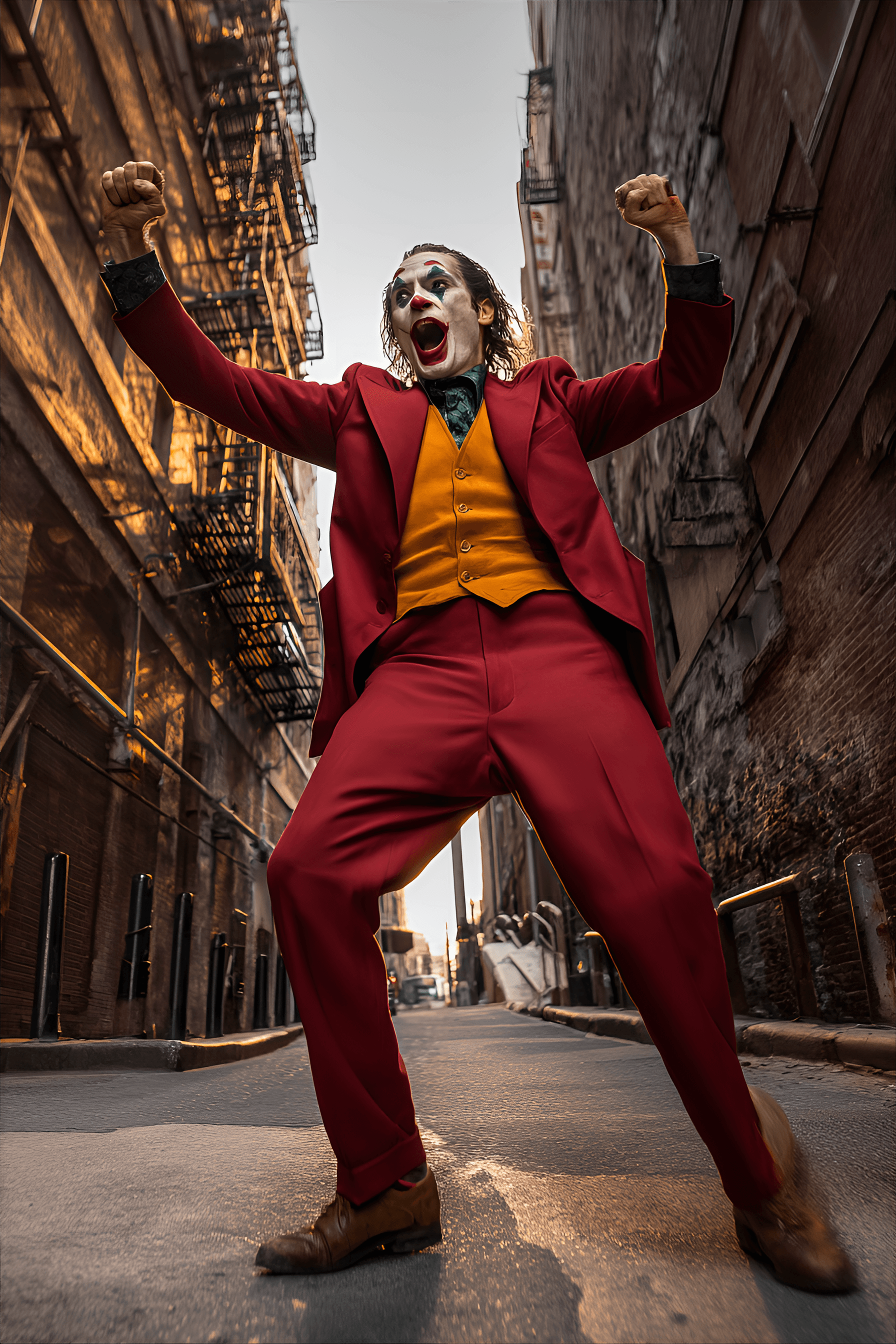 AI generated: dynamic, full shot of the Joker character,  from the movie "Joker",  a Caucasian man, likely in his ...