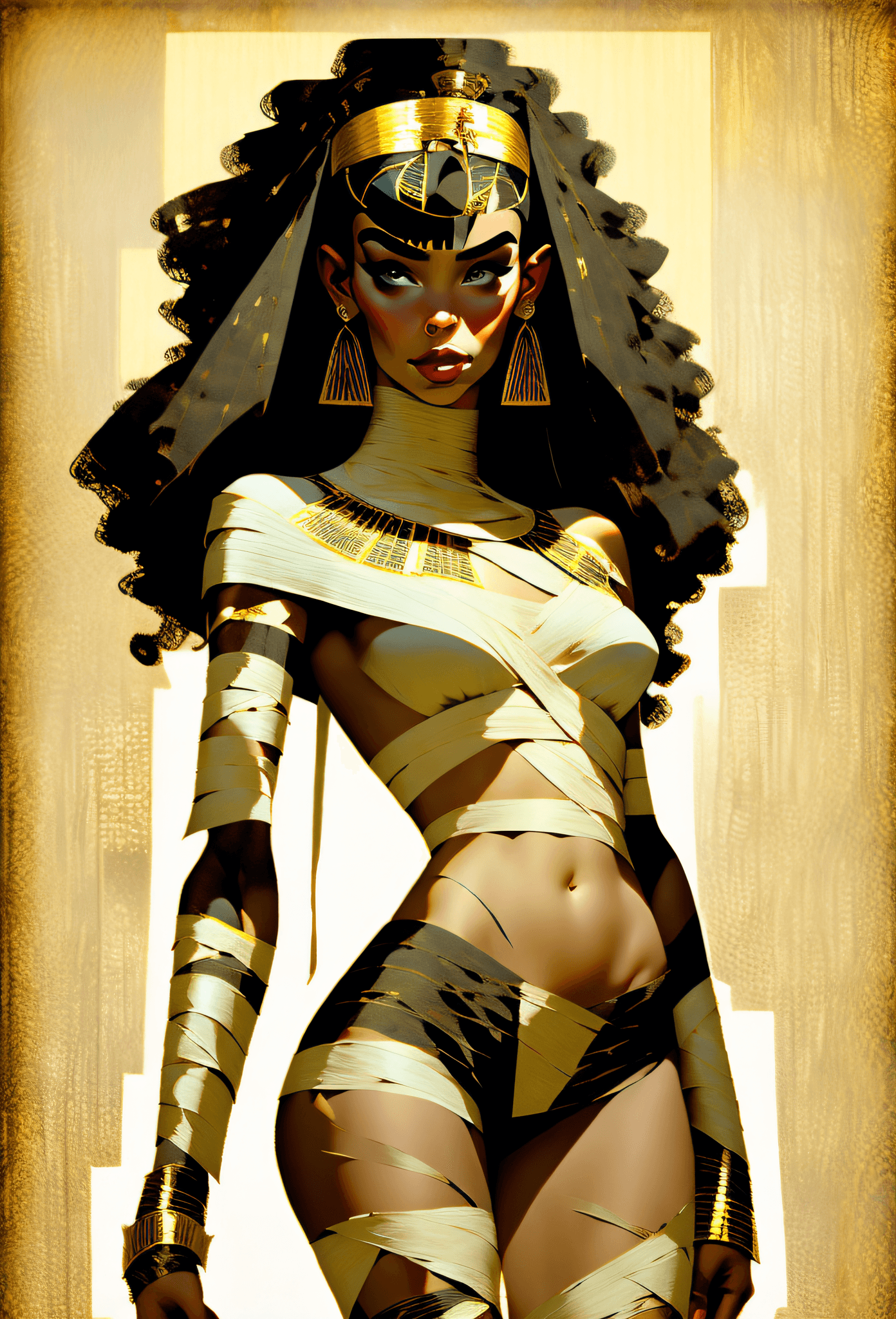 AI generated: Female mummy, gorgeous face, full body, Cleopatra, all bandaged in black, ((bandaged breasts)), ((ba...