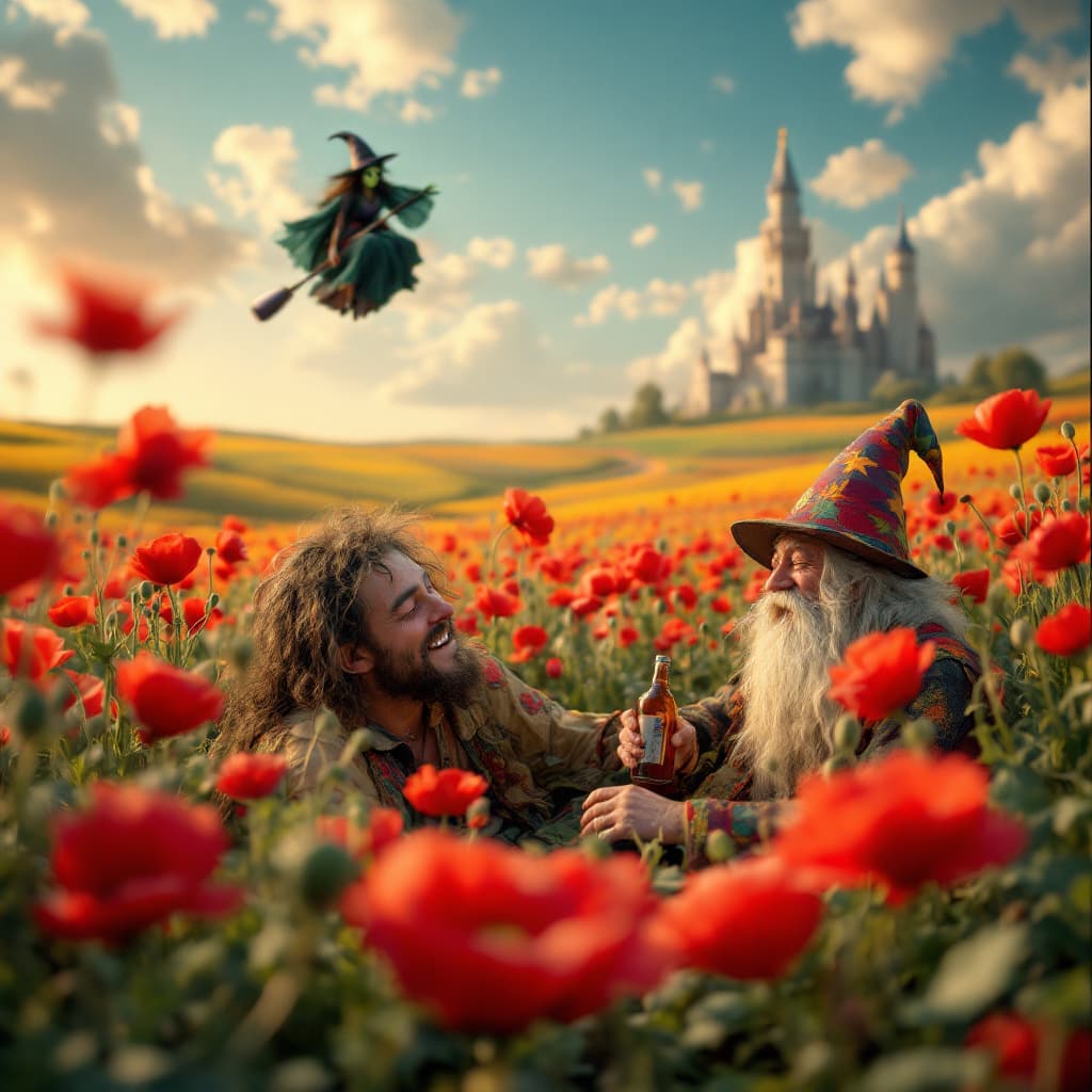 AI generated: a totally wasted  hippie with a dopey grin partly closed eyes is  in a field of poppies laying prone...