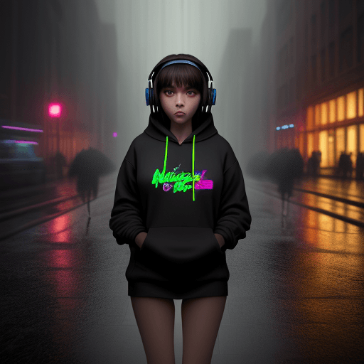 AI generated: masterpiece, girl alone, solo, incredibly absurd, hoodie, headphones, street, outdoor, rain, neon,
