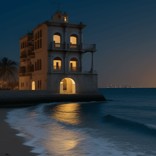 AI generated: edificios al lado del mar en  la noche
