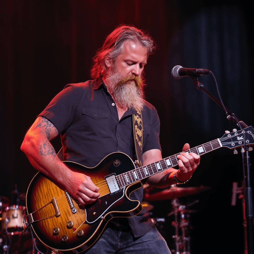 AI generated: Use the exact face of the male in the uploaded photo, playing guitar stage with a Gibson J200 acoust...