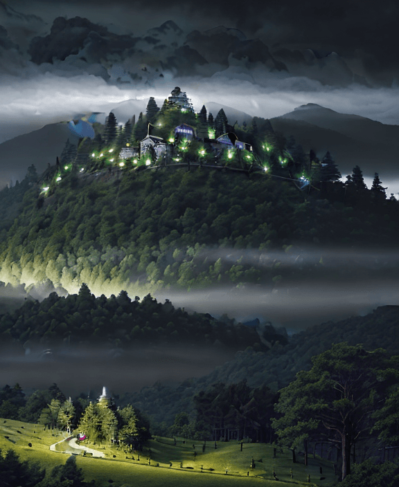 AI generated: (A beautiful rocky hill with green trees ((an imposing wooden cross on the top of the hill)) mini-ci...