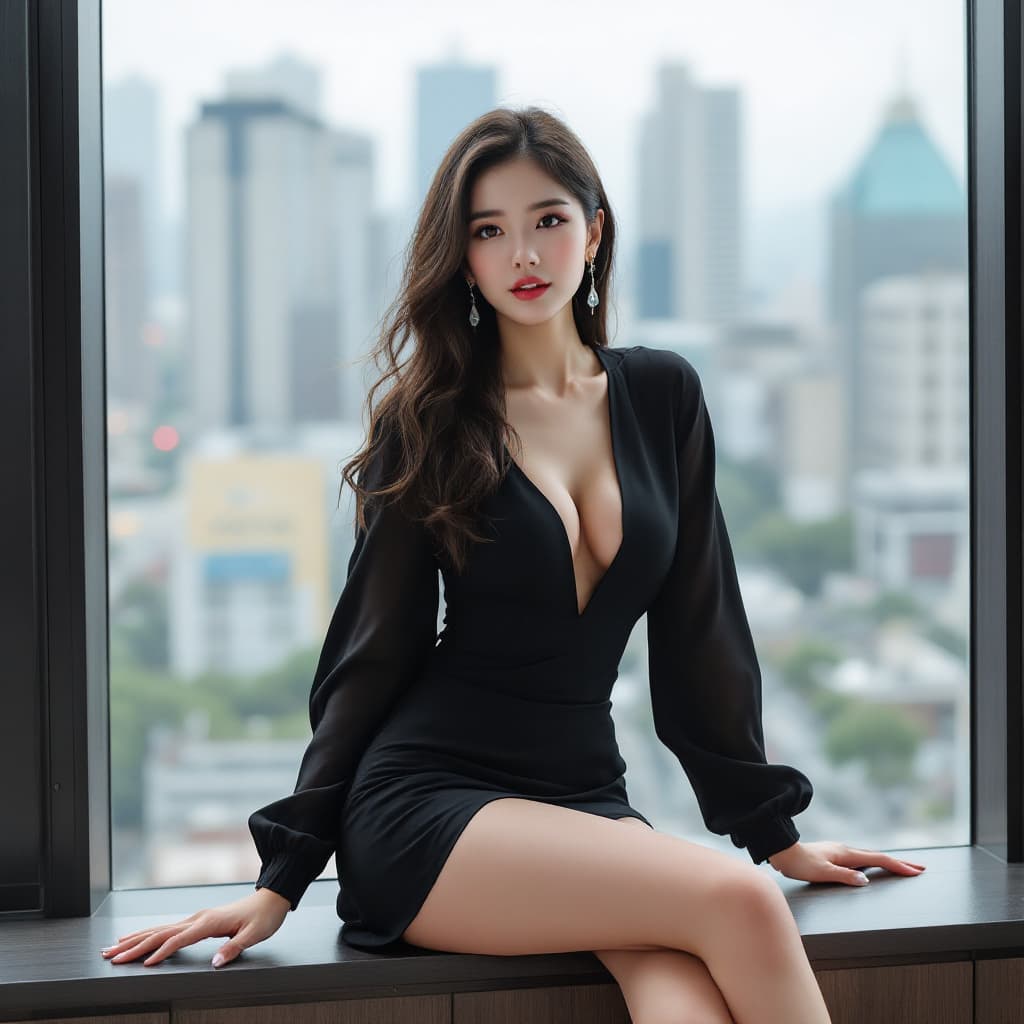 AI generated: A Japanese female,The woman is seated with one leg crossed over the other, highlighting the curves o...