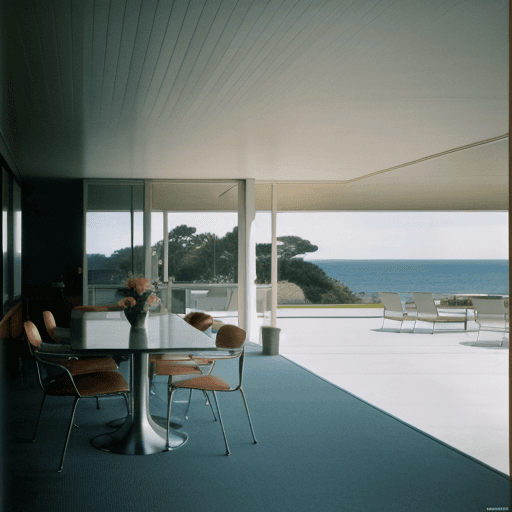AI generated: Hyper realistic eye level exterior photo of a mid century modern style house overlooking the ocean, ...