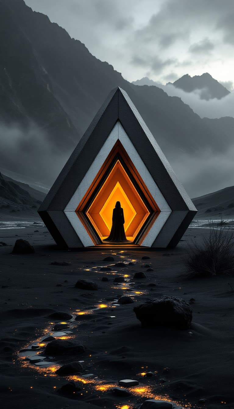 AI generated: Photography, symmetrical asymmetry, a small shelter, one people, elegant aluminium enveloppe, black ...
