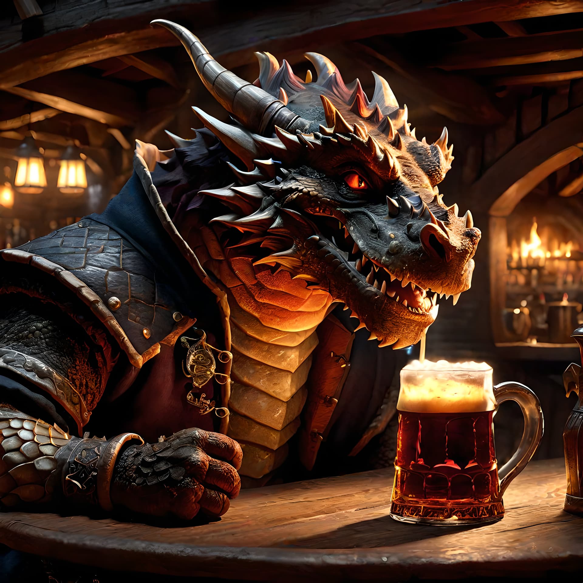 AI generated: A well dressed dragon drinking from large tankard inside of a tavern filled with fantasy creatures, ...